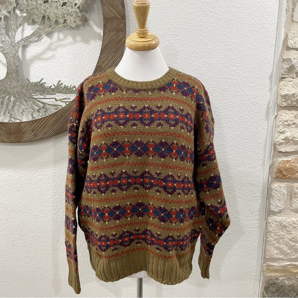 Vintage Carlyle of Kilmore Collection Wool Sweater Tan Red Purple Blue Large